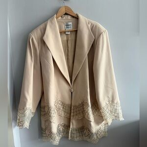Natali Barré Embroidered Lace Trim Blazer Jacket 26W Beige